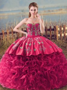 Deluxe Fabric With Rolling Flowers Sweetheart Sleeveless Lace Up Embroidery and Ruffles 15 Quinceanera Dress in Coral Red