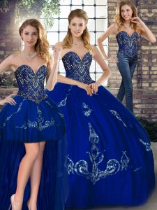 Custom Made Three Pieces Sweet 16 Quinceanera Dress Royal Blue Sweetheart Tulle Sleeveless Floor Length Lace Up