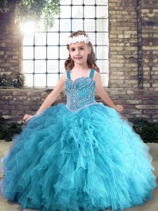  Aqua Blue Lace Up Straps Beading and Ruffles Kids Formal Wear Tulle Sleeveless