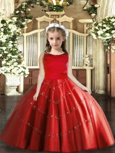 High Quality Floor Length Lace Up Little Girl Pageant Dress Red for Party and Wedding Party with Beading