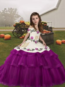  Floor Length Purple Little Girls Pageant Dress Wholesale Tulle Sleeveless Embroidery and Ruffled Layers