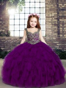  Straps Sleeveless Child Pageant Dress Floor Length Beading and Ruffles Purple Tulle