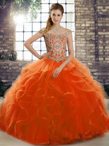  Orange Red Quinceanera Dress Off The Shoulder Sleeveless Brush Train Lace Up