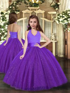 Fashion Purple Tulle Lace Up Little Girls Pageant Gowns Sleeveless Floor Length Ruching