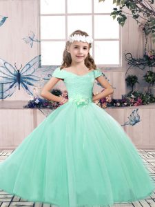 Customized Apple Green Tulle Lace Up Off The Shoulder Sleeveless Floor Length Child Pageant Dress Lace and Belt