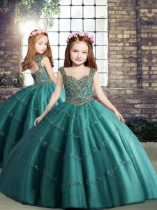  Tulle Straps Sleeveless Lace Up Beading Child Pageant Dress in Teal 