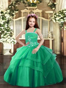 Lovely Turquoise Ball Gowns Beading and Ruffled Layers Little Girls Pageant Dress Lace Up Tulle Sleeveless Floor Length