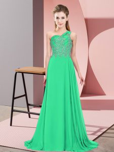  Turquoise Chiffon Side Zipper One Shoulder Sleeveless Floor Length Prom Evening Gown Beading