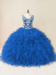  Blue Backless Quinceanera Gowns Beading and Ruffles Sleeveless