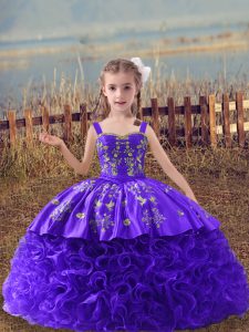  Purple Straps Lace Up Embroidery Little Girls Pageant Gowns Sweep Train Sleeveless