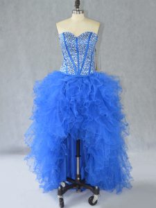 Modest Beading and Ruffles Dress for Prom Blue Lace Up Sleeveless High Low