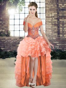  A-line Homecoming Dress Orange Off The Shoulder Organza Sleeveless High Low Lace Up