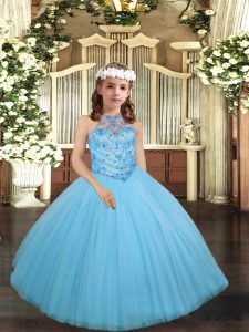 On Sale Scoop Sleeveless Little Girl Pageant Gowns Floor Length Beading Aqua Blue Tulle