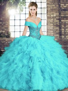 Modest Aqua Blue Tulle Lace Up Quinceanera Dresses Sleeveless Floor Length Beading and Ruffles