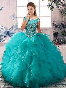 Sleeveless Floor Length Beading and Ruffles Zipper Quinceanera Gown with Aqua Blue