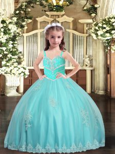 Elegant Aqua Blue Little Girl Pageant Dress Party and Sweet 16 and Wedding Party with Appliques Straps Sleeveless Lace Up