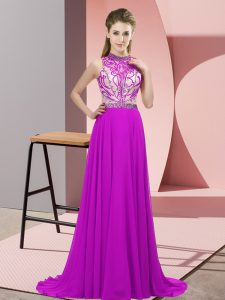 Beautiful Fuchsia Backless Dress for Prom Beading Sleeveless Brush Train