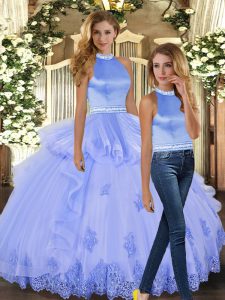 Nice Tulle Halter Top Sleeveless Backless Beading and Appliques Quinceanera Dresses in Lavender