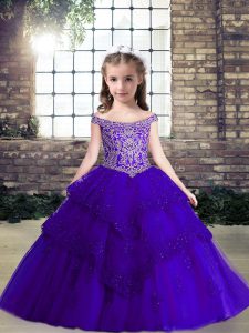  Purple Off The Shoulder Lace Up Beading and Lace and Appliques Kids Pageant Dress Sleeveless