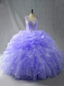  Organza Straps Sleeveless Zipper Beading and Ruffles Quince Ball Gowns in Lavender