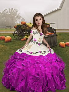 Embroidery and Ruffles Little Girls Pageant Dress Wholesale Fuchsia Lace Up Sleeveless Floor Length