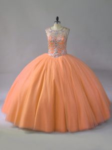Pretty Scoop Sleeveless Quince Ball Gowns Floor Length Beading Orange Tulle