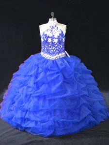 Graceful Sleeveless Organza Floor Length Backless Sweet 16 Dresses in Blue with Beading and Appliques