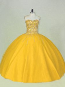 Delicate Gold Lace Up Scoop Beading 15 Quinceanera Dress Tulle Sleeveless