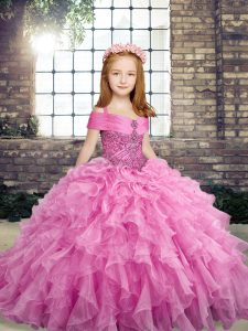  Sleeveless Floor Length Beading and Ruffles Lace Up Little Girls Pageant Dress with Lilac