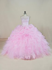 Modest Pink Organza Backless 15th Birthday Dress Sleeveless Brush Train Beading and Ruffles