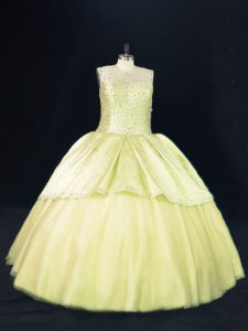 Cheap Yellow Green Tulle Lace Up Sweet 16 Quinceanera Dress Sleeveless Beading