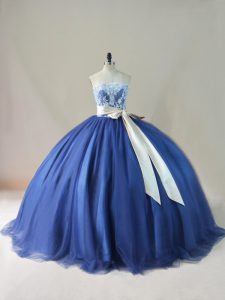 Custom Fit Navy Blue Quinceanera Gowns Tulle Brush Train Sleeveless Appliques and Sashes ribbons and Bowknot