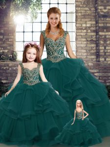 Exquisite Peacock Green Ball Gowns Tulle Straps Sleeveless Beading and Ruffles Floor Length Lace Up Sweet 16 Dresses