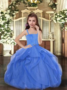  Blue Pageant Gowns For Girls Sweet 16 and Wedding Party with Beading Straps Sleeveless Lace Up