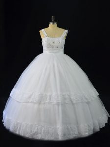 Top Selling White Tulle Lace Up Straps Sleeveless Floor Length Quince Ball Gowns Beading and Appliques