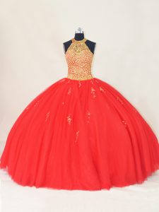 Attractive Red Halter Top Lace Up Beading and Appliques Sweet 16 Dress Sleeveless