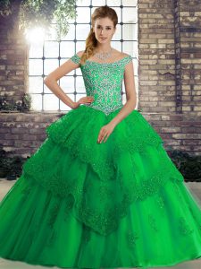  Tulle Off The Shoulder Sleeveless Brush Train Lace Up Beading and Lace Sweet 16 Dress in Green