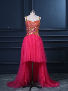  Hot Pink Tulle Zipper Straps Sleeveless High Low Dress for Prom Beading and Lace and Sequins