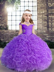  Fabric With Rolling Flowers Sleeveless Floor Length Little Girls Pageant Dress and Beading and Ruching