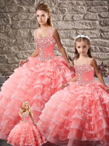  Beading and Ruffled Layers 15th Birthday Dress Watermelon Red Lace Up Sleeveless Court Train