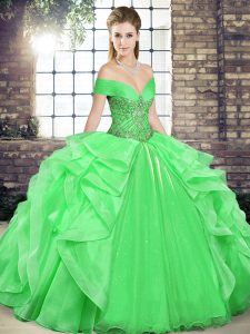 Modern Sleeveless Floor Length Beading and Ruffles Lace Up Quinceanera Dress with Green