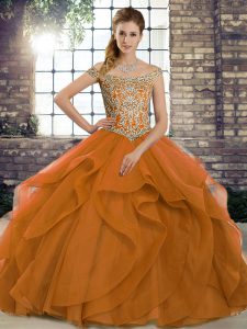  Orange Lace Up Quince Ball Gowns Beading and Ruffles Sleeveless Brush Train