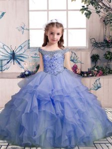 Perfect Beading and Ruffles Little Girls Pageant Gowns Lavender Lace Up Sleeveless Floor Length
