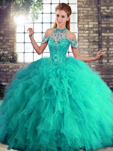 Modest Turquoise Sleeveless Beading and Ruffles Floor Length 15th Birthday Dress
