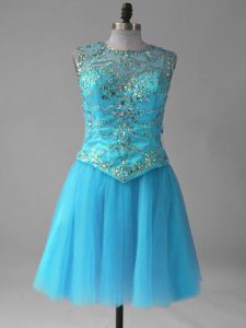 Best Scoop Sleeveless Lace Up Prom Dresses Aqua Blue Tulle