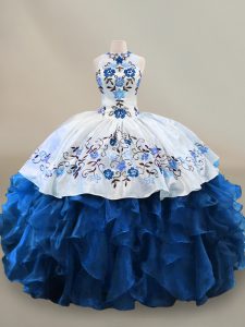  Blue And White Halter Top Neckline Embroidery and Ruffles Sweet 16 Quinceanera Dress Sleeveless Lace Up