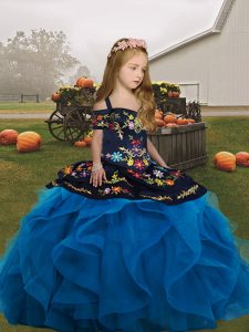  Floor Length Blue Child Pageant Dress Tulle Sleeveless Embroidery and Ruffles