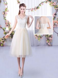  Champagne Lace Up V-neck Lace Court Dresses for Sweet 16 Tulle Sleeveless