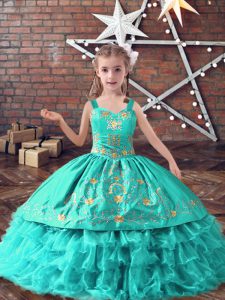 Stylish Turquoise Sleeveless Floor Length Embroidery and Ruffled Layers Lace Up Little Girl Pageant Gowns