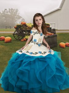  Floor Length Lace Up Pageant Gowns For Girls Blue for Party and Wedding Party with Embroidery and Ruffles